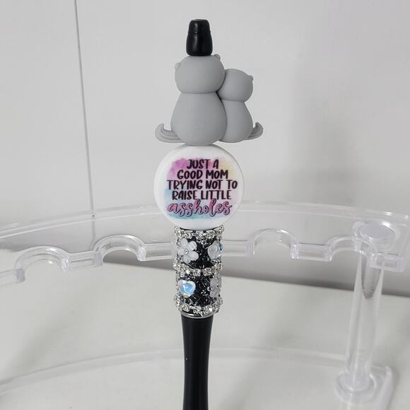 Handmade Beaded Pen Otter Stack Figurines Funny Mom Quote Black Heart Gem Base - Picture 6 of 6